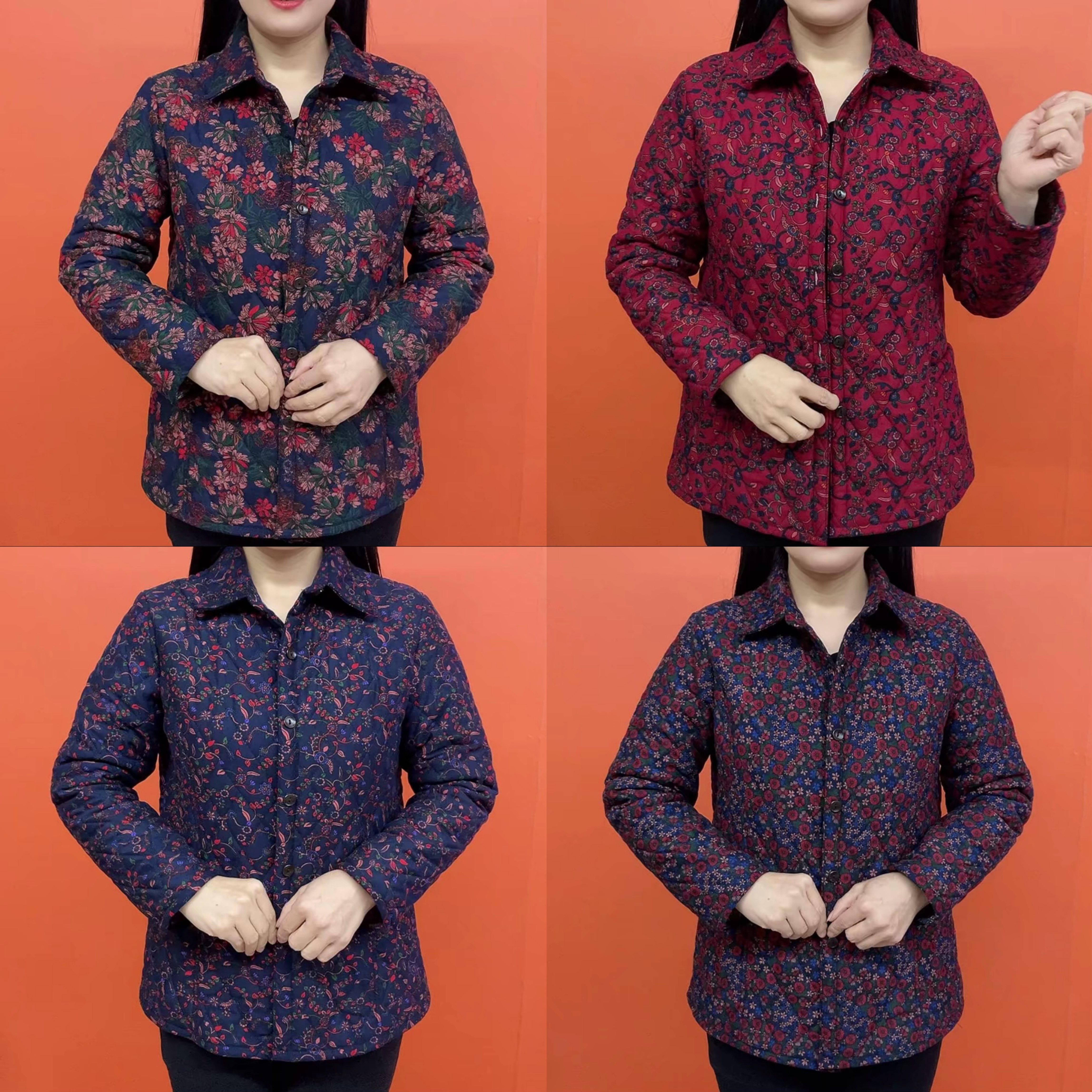 中老年人秋冬装女妈妈棉服奶奶棉袄碎花翻领外套老人薄绵外套居家