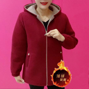 妈妈冬装时尚洋气连帽拉链棉服女加绒加厚宽松显瘦中老年保暖外套