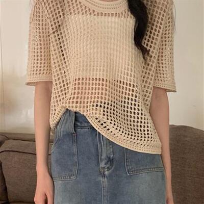 春夏2024新款薄款短袖镂空防晒罩衫外搭短款针织衫女慵懒上衣百搭