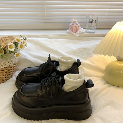 松糕系带厚底小皮鞋女2024年春秋季新款复古英伦风黑色鞋子单鞋女