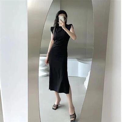 法式复古赫本风黑色长裙女夏修身显瘦御姐轻熟风性感开叉连衣裙女