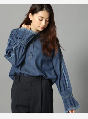 LEPS*M日单女士水洗牛仔衬衫做旧宽松显瘦收口毛边长袖衬衫22夏