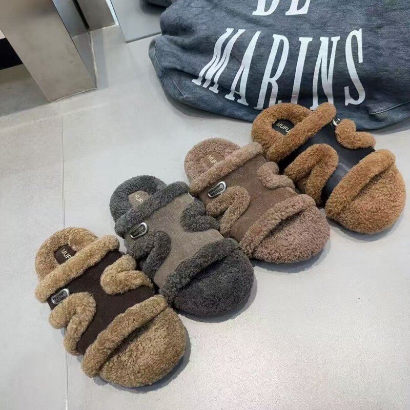 女外穿保暖羊羔毛厚底一字拖