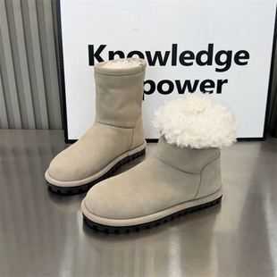 圆头棉靴 中筒平底翻领雪地靴女休闲短靴加绒保暖时尚 2025冬季 新款