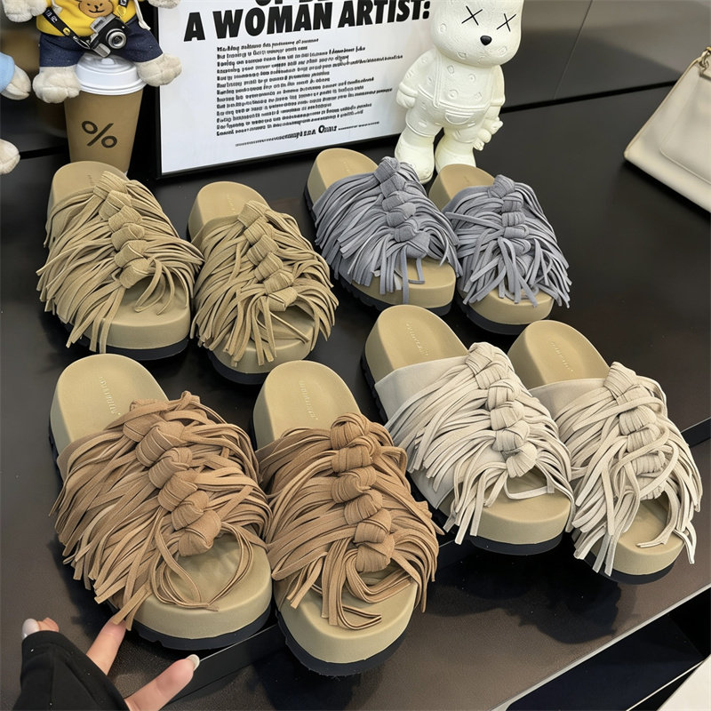 韩版流苏编织厚底增高女凉拖