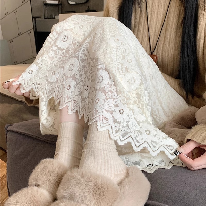 蕾丝针织半身裙女秋冬2025中长新款包臀裙气质遮跨白色高腰a字裙