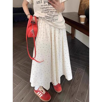 白色大口袋波点半身裙女梨型身材高腰遮胯显瘦中长款时尚a字伞裙