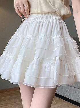蕾丝白色蛋糕裙女夏季甜美时尚防走光半身裙高腰a字蓬蓬公主短裙