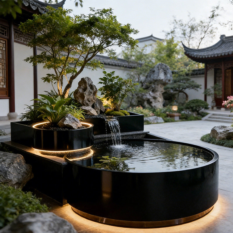 满月池阳台不锈钢鱼池花箱金属流水摆件室外露台庭院水景瀑布