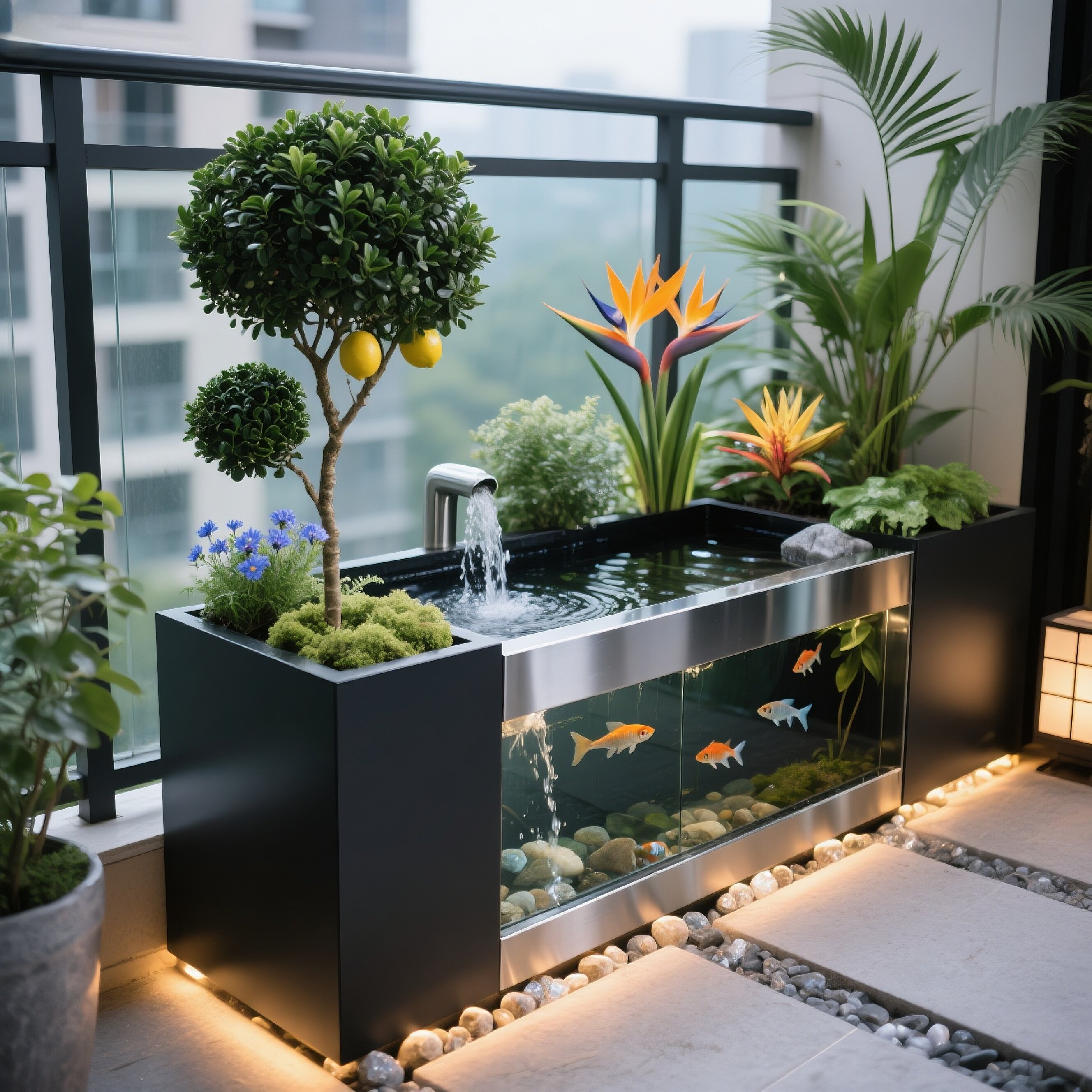 阳台流水鱼缸不锈钢鱼池花箱水景户外露台庭院流水喷泉金属摆件