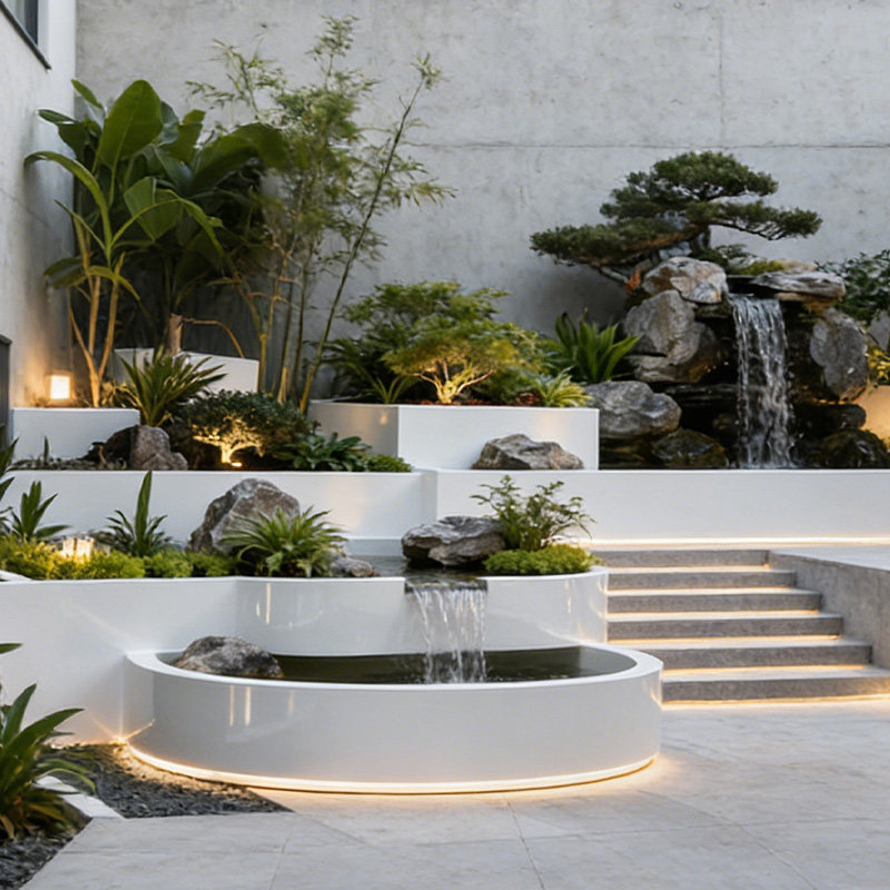 阳台不锈钢鱼池花箱金属流水摆件室外露台庭院水景瀑布