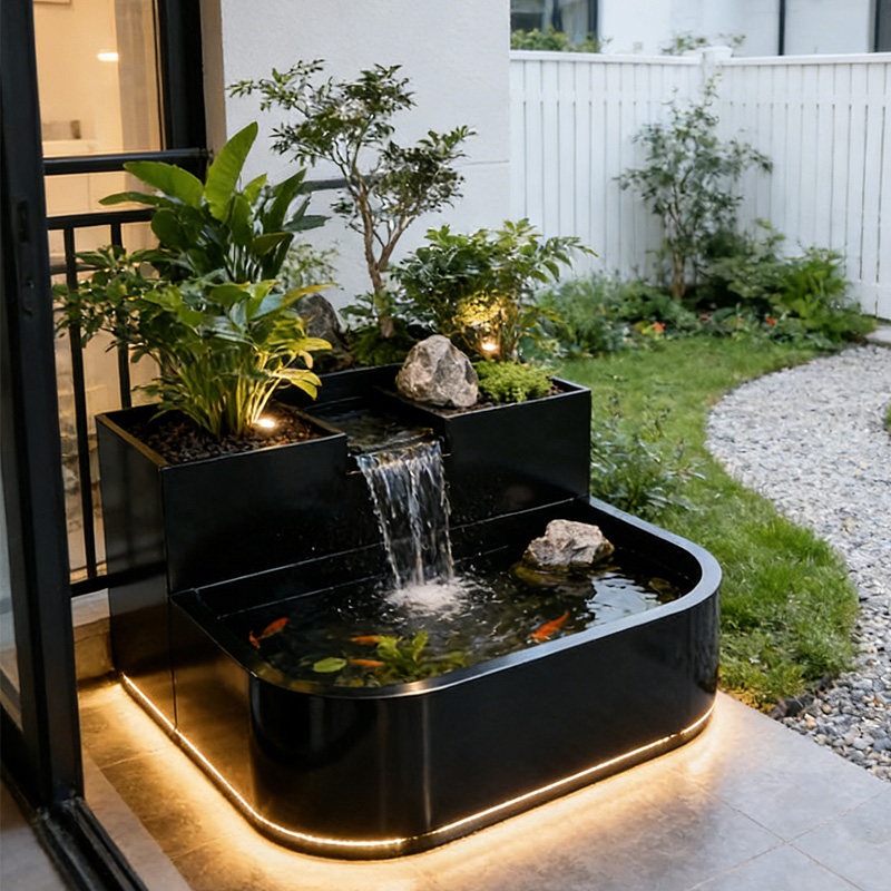 鲤鱼池阳台不锈钢鱼池花箱金属流水摆件室外露台庭院水景瀑布