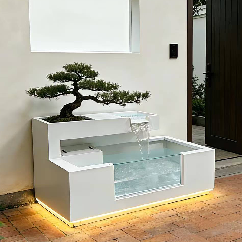 白松池阳台不锈钢鱼池花箱金属流水摆件室外露台庭院水景瀑布水景