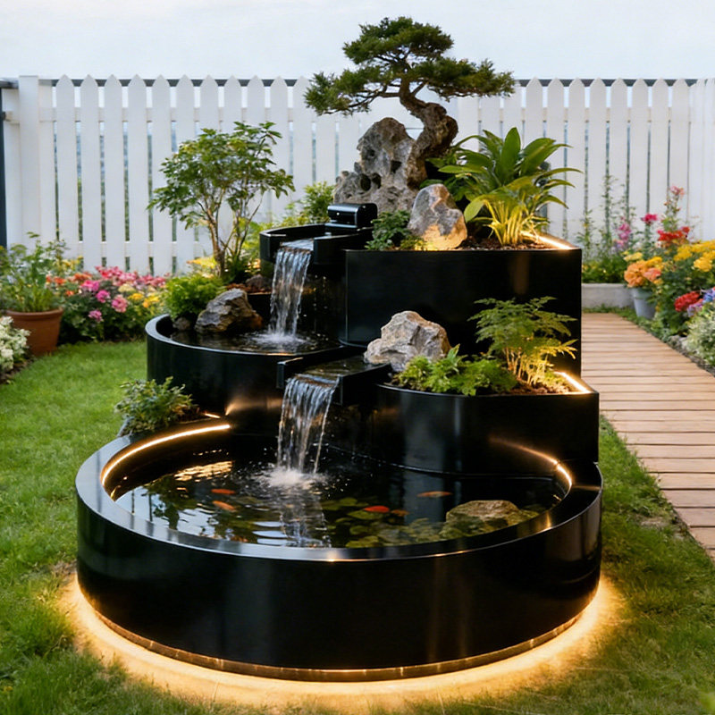 溪月庭阳台不锈钢鱼池花箱金属流水摆件室外露台庭院水景瀑布