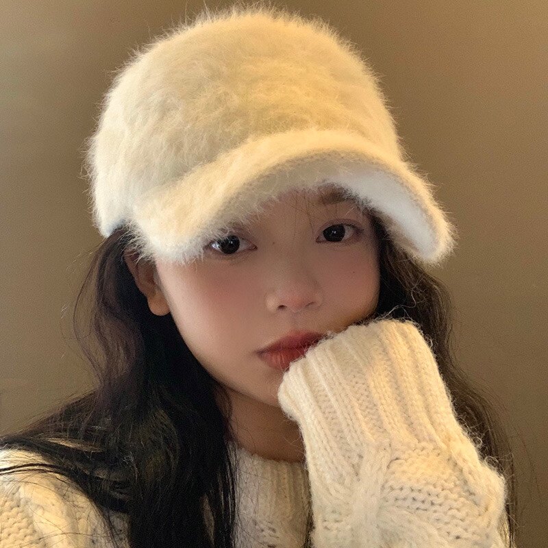 明星同款百搭兔毛棒球帽弯沿显脸小素颜鸭舌帽毛绒保暖休闲帽冬季