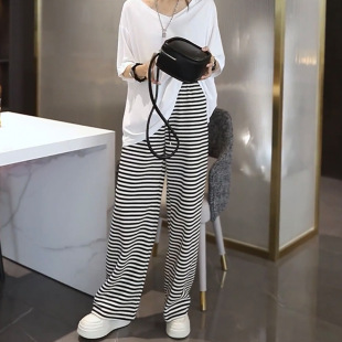子宽松垂感直筒裤 黑白条纹阔腿裤 慵懒风休闲拖地裤 2026新款 女夏季