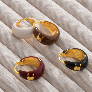 法式凯黑色滴油耳环耳扣铜镀22K金轻奢高级感气质百搭耳饰品