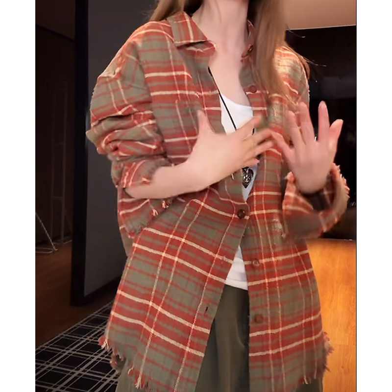 美式复古设计感长袖衬衫女2026春季新款毛边宽松百搭格纹上衣,女装/女士精品,衬衫,淘宝优惠券,粉丝福利购,淘宝优惠卷