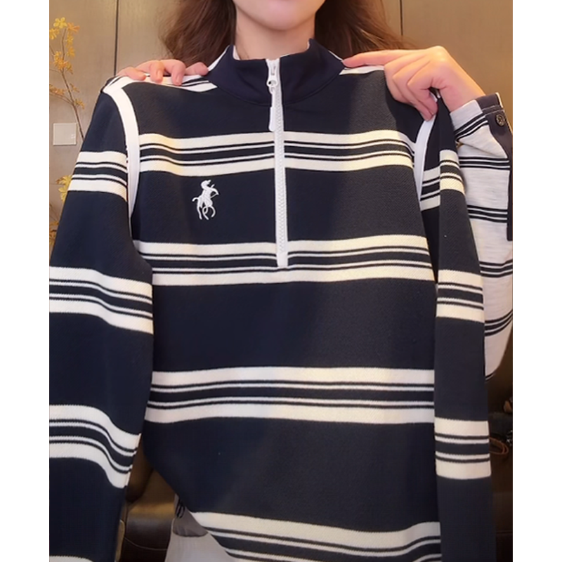 简约立领条纹长袖t恤女