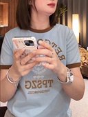 时尚 新款 洋气植绒字母百搭休闲上衣潮 t恤女2026夏季 撞色圆领短袖