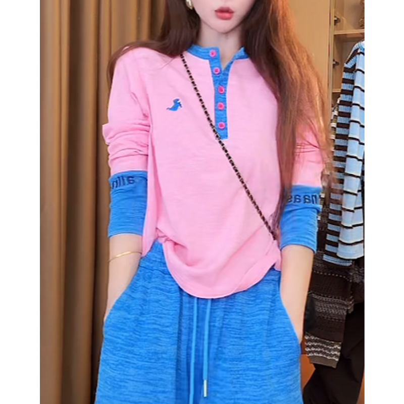 撞色立领单排扣长袖t恤女