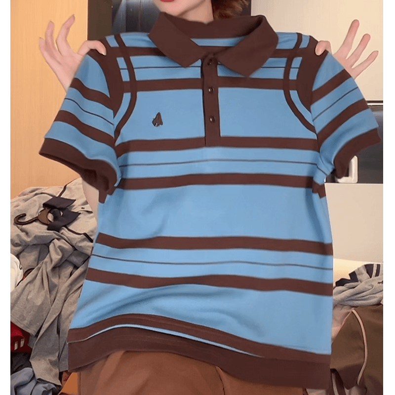 夏季翻领刺绣条纹短袖POLO衫女