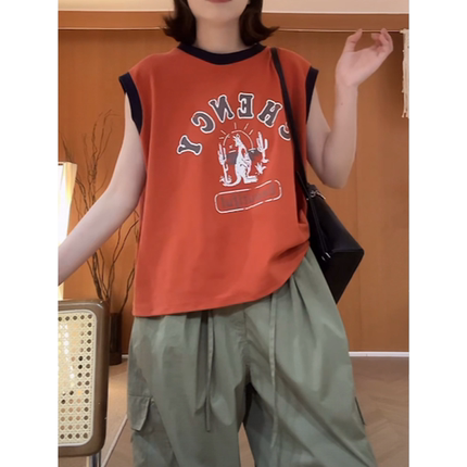 撞色圆领无袖背心女2026夏季新款无感字母印花宽松百搭休闲上衣女