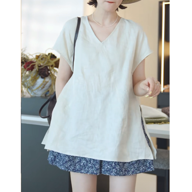 简约纯色亚麻V领上衣女