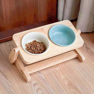 陶瓷猫碗可调节高度宠物碗实木架子小型犬饭碗水碗猫饭碗双碗猫碗
