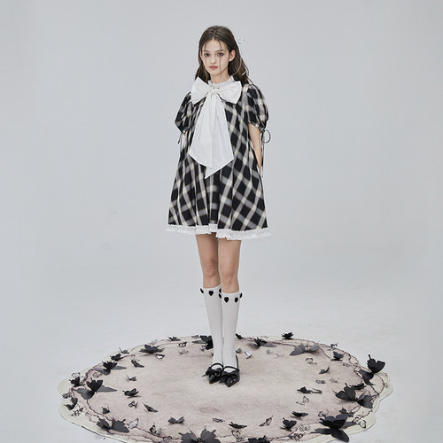 少女蝴蝶结绑带娃娃裙格子醋酸