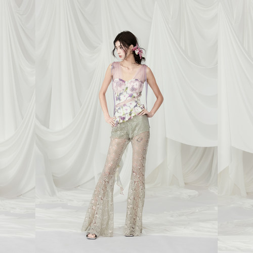 灰绿重工蕾丝喇叭裤夏新款