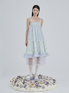 MildRate原创 水晶花朵装饰多层提花网纱吊带连衣裙