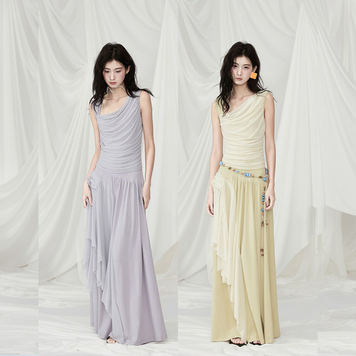 希腊风立裁褶皱拼接连衣裙