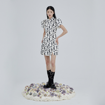 新中式旗袍裙提花花卉珍珠花边