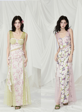 MildRate“花园绮梦”蕾丝插片吊带印花连衣裙度假风长裙