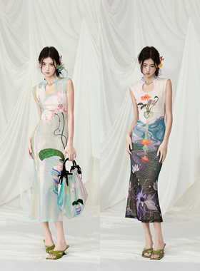 MildRate原创 插画师合作款印花新中式旗袍 前后两穿连衣裙