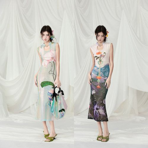 原创插画师合作款弹力网纱旗袍