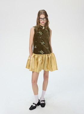 MildRate原创 千金风撞色拼接无袖连衣裙新中式A字裙