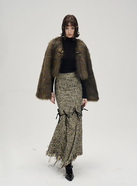 MildRate 叛逆千金 神秘色条纹狐狸毛喇叭袖环保皮草短外套