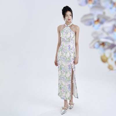 中式民国风缎面提花长旗袍