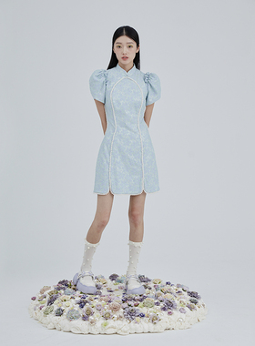 MildRate 双色蕾丝新中式珍珠旗袍裙花苞袖少女连衣裙