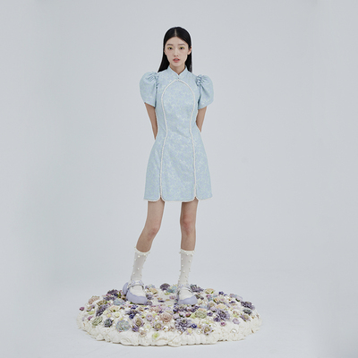 新中式修身旗袍裙花卉珍珠花边