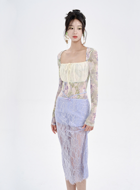 MildRate原创 莫奈花园天鹅颈低领连体打底衫弹力网长袖衫新款