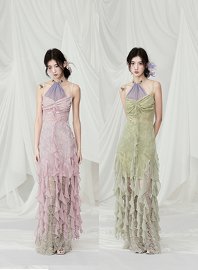 MildRate原创 “浮绒翩丝”荷叶边飘片植绒烧花挂脖吊带连衣裙