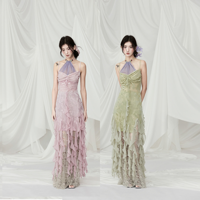 植绒烧花挂脖吊带连衣裙