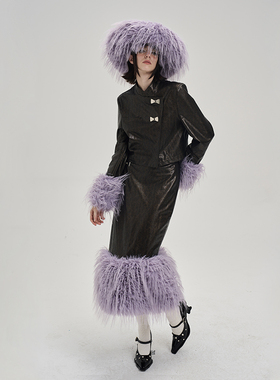 MildRate 新中式西装棕褐色PU皮短外套+半裙套装 秋冬新款