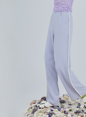 MildRate原创 淡紫色珍珠装饰高腰裤阔腿裤长裤