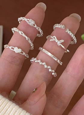 简约风戒指女组合款麻花开口食指素圈戒熔岩小众设计指环新品手饰