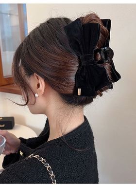 黑色丝绒大蝴蝶结发夹女秋冬2022年新款网红盘发抓夹后脑勺鲨鱼夹