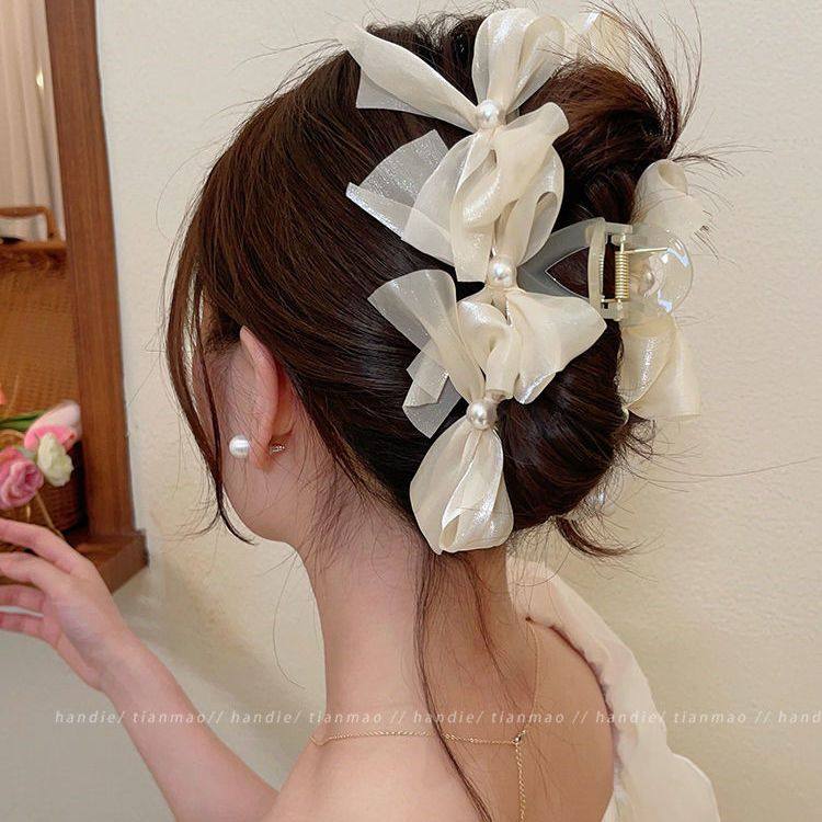 超大号网纱蝴蝶结抓夹2023新款发夹女后脑勺小众高级感鲨鱼夹头饰
